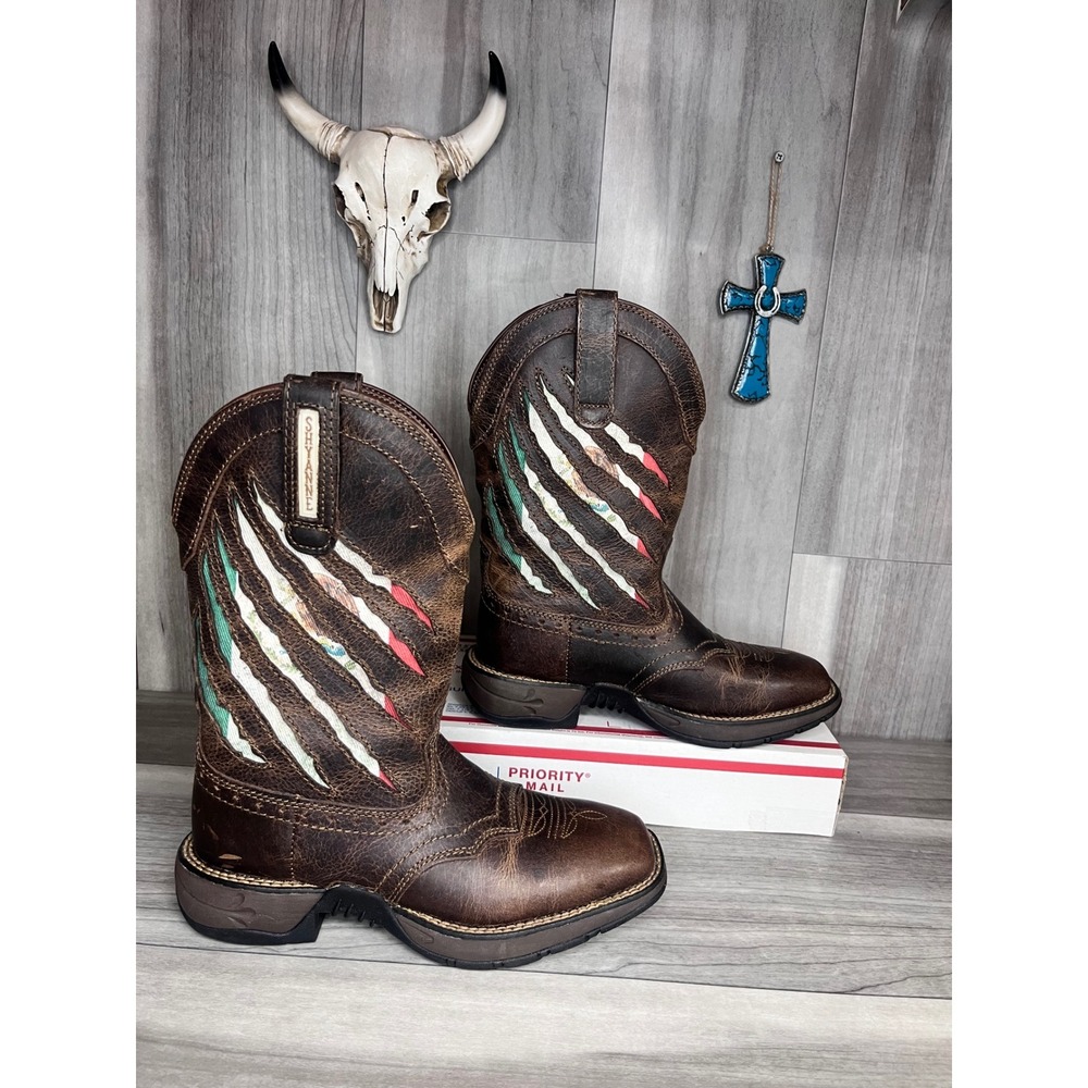 Shyanne Mexican Flag Torn Western Boots Womens 7.5 Leather Square Toe Cowgirl